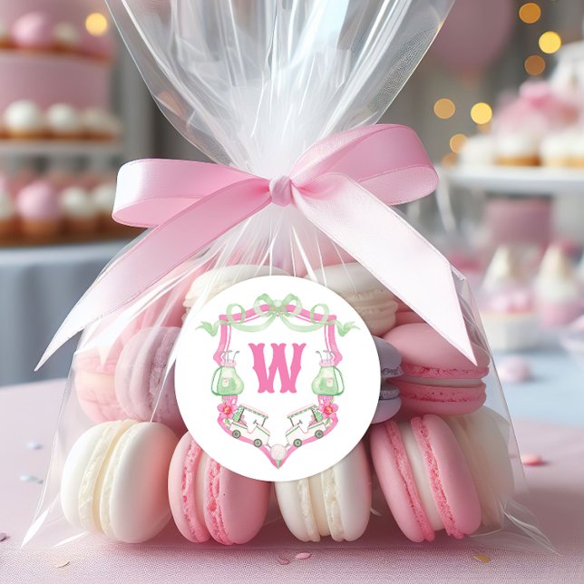 Sticker Rond Aquarelle Pink & Green Golf Panier Monogram Crest (Créateur téléchargé)