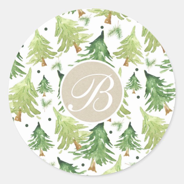Sticker Rond Aquarelle Pins Moderne Monogramme Kraft Rustique (Devant)
