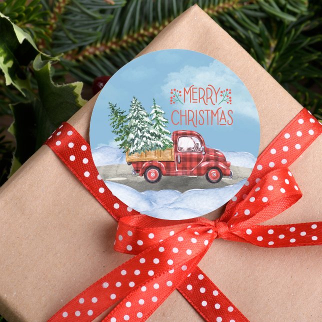 Sticker Rond Aquarelle Plaid Camion Rouge Neige Joyeux Noël (Watercolor Plaid Red Truck Snow Merry Christmas Classic Round Sticker)