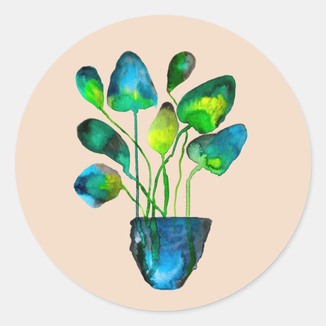 Sticker Rond Aquarelle plante art vert et bleu abstrait (Devant)