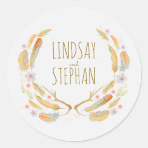 Sticker Rond Aquarelle Plumes florales Antlers Mariage rustique