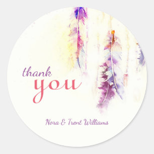 Sticker Rond Aquarelle Plumes Mariage Merci