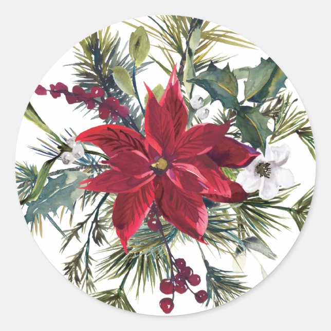 Sticker Rond Aquarelle Poinsettia et Fir Feuilles (Devant)