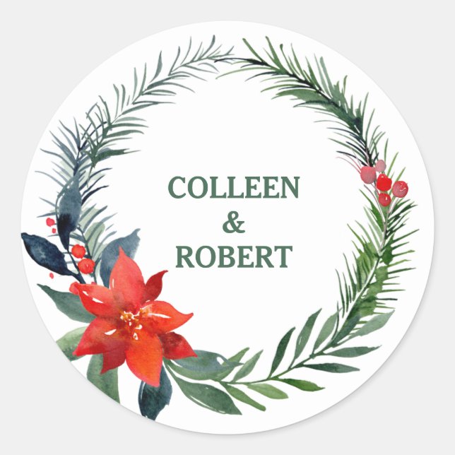 Sticker Rond Aquarelle Poinsettia Fleur Rouge Berries Mariage (Devant)