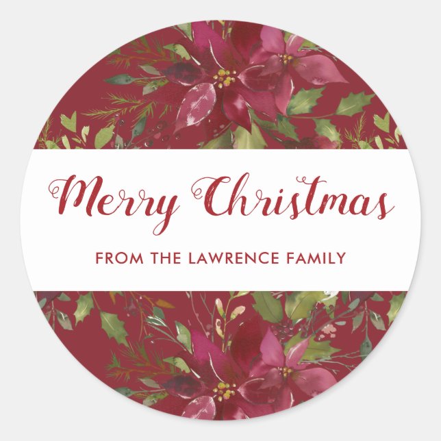 Sticker Rond Aquarelle Poinsettia Joyeux Noël (Devant)