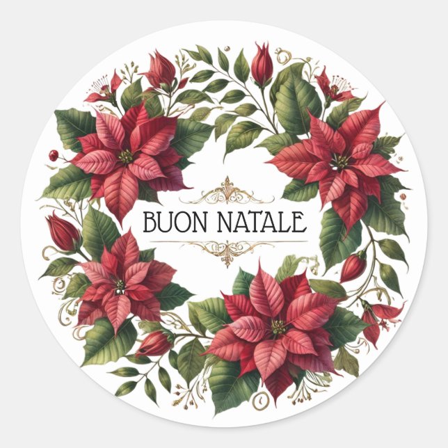 Sticker Rond Aquarelle Poinsettias "Buon Natale" Italien (Devant)