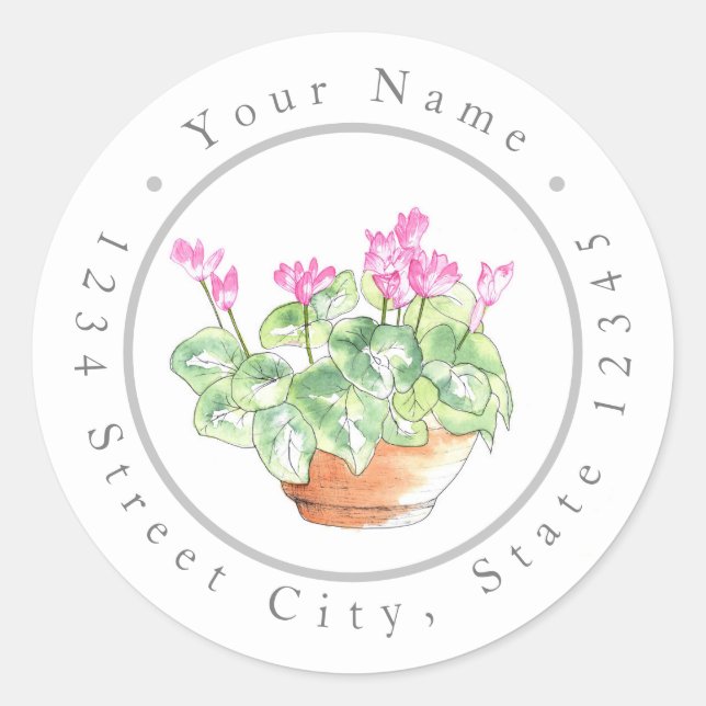 Sticker Rond Aquarelle pointillée Cyclamen (Devant)