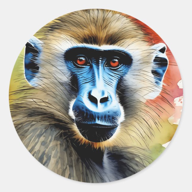 Sticker Rond Aquarelle Portrait Baboon (Devant)