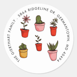 Sticker Rond Aquarelle Poted Plantes Succulents Adresse de reto