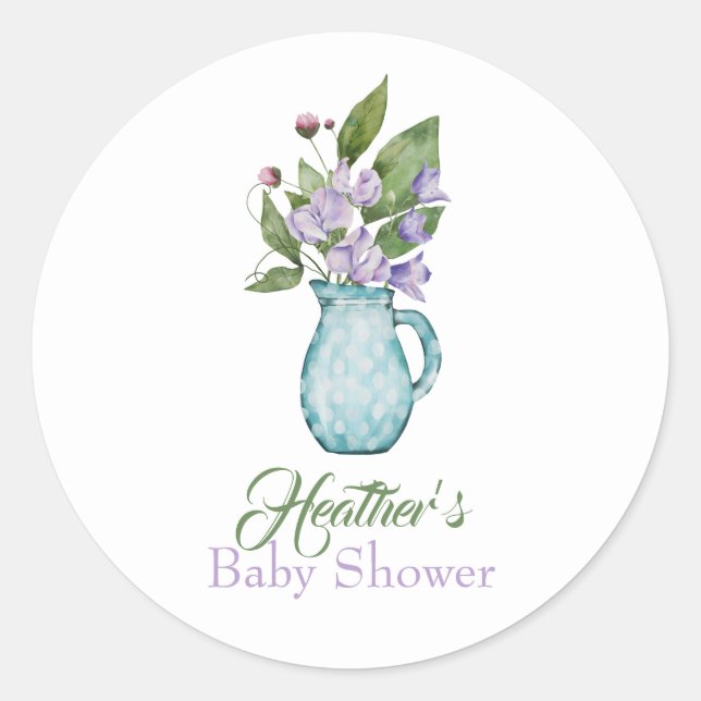 Sticker Rond Aquarelle Purple Baby shower de fleurs de pois dou (Devant)