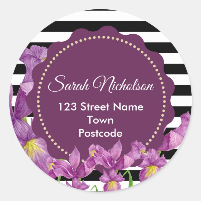 Sticker Rond Aquarelle Purple Irises Floral Noir Blanc Blancs (Devant)