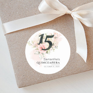 Sticker Rond Aquarelle Quinceanera Floral 15e Anniversaire rose