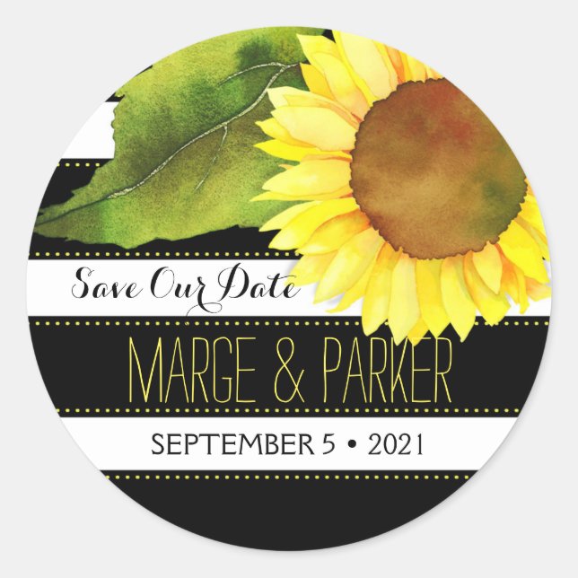 Sticker Rond Aquarelle rayée Mariage de tournesol Enregistrer n (Devant)