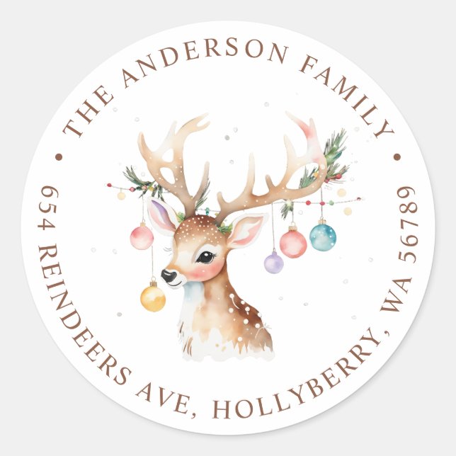 Sticker Rond Aquarelle Reindee Noël Adresse de retour (Devant)