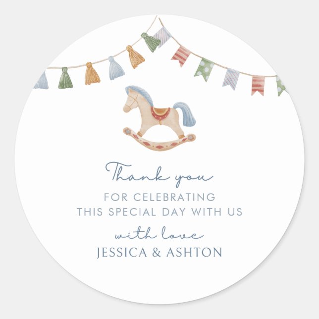 Sticker Rond Aquarelle Rocking Horese, Baby shower (Devant)