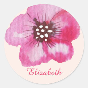 Sticker Rond Aquarelle romantique à fleurs roses personnalisabl