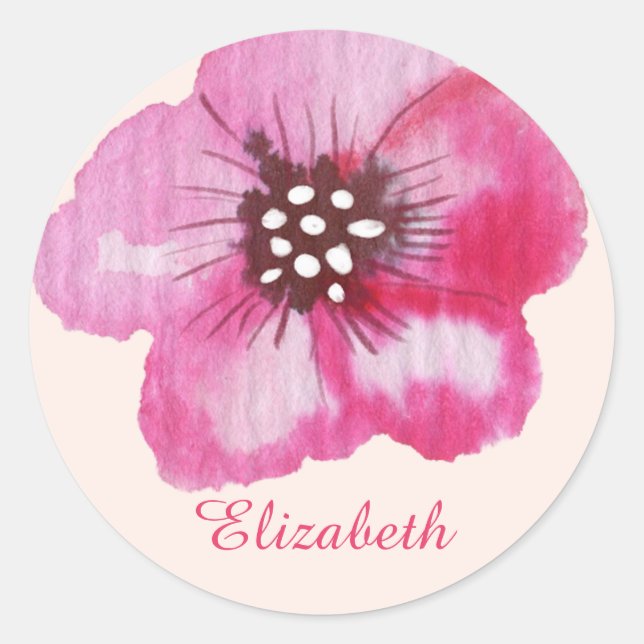 Sticker Rond Aquarelle romantique à fleurs roses personnalisabl (Devant)