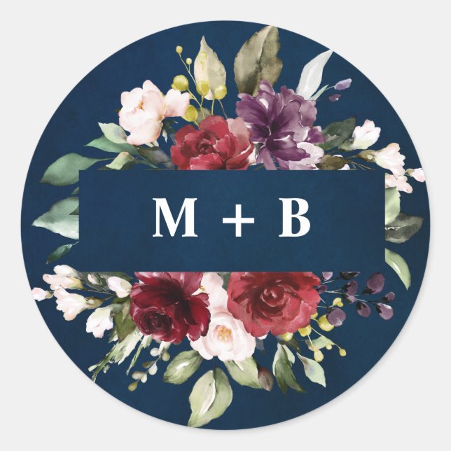 Sticker Rond Aquarelle romantique bordeaux rouge marine floral (Devant)