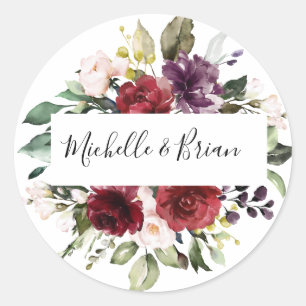 Sticker Rond Aquarelle romantique Bourgogne Rouge Blush Rose Fl