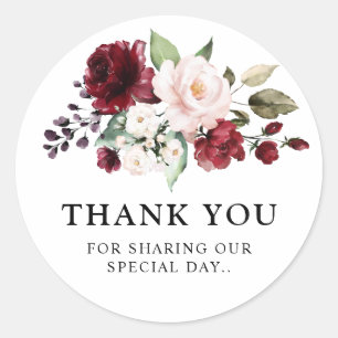 Sticker Rond Aquarelle romantique Bourgogne Rouge Blush Rose Fl