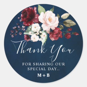 Sticker Rond Aquarelle romantique Bourgogne Rouge Marine Floral