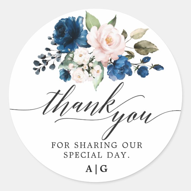 Sticker Rond Aquarelle romantique Marine bleu Blush Rose Floral (Devant)