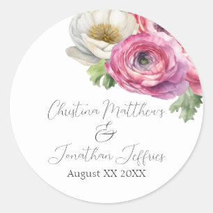Sticker Rond Aquarelle romantique Ranunculus rose et blanc