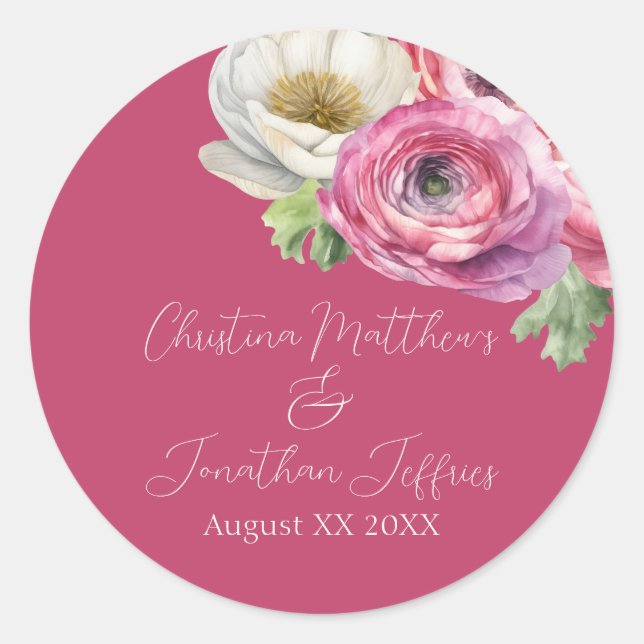 Sticker Rond Aquarelle romantique Ranunculus rose sur Blush (Devant)