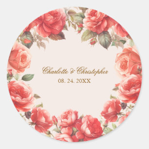 Sticker Rond Aquarelle romantique Roses rouges Mariage floral
