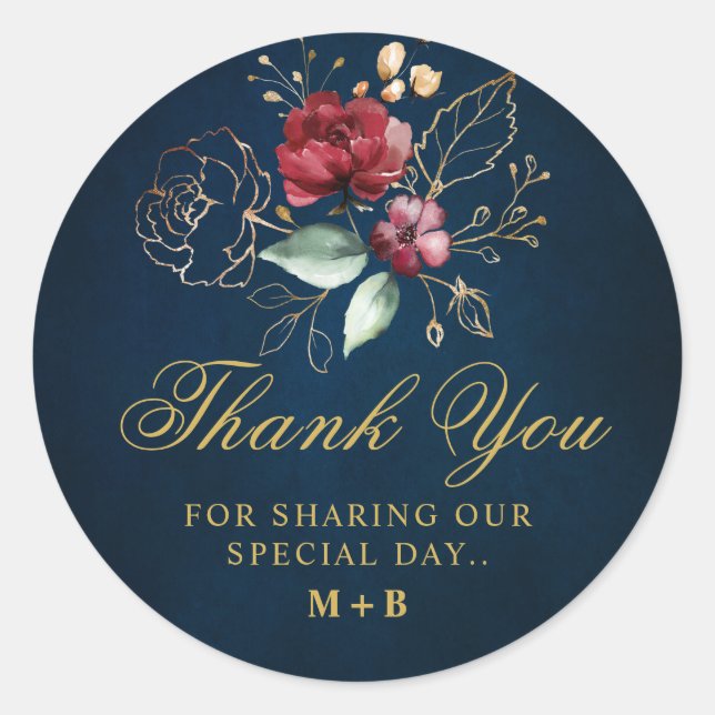 Sticker Rond Aquarelle Romantique Rouge Bourgogne Bleu Marine F (Devant)