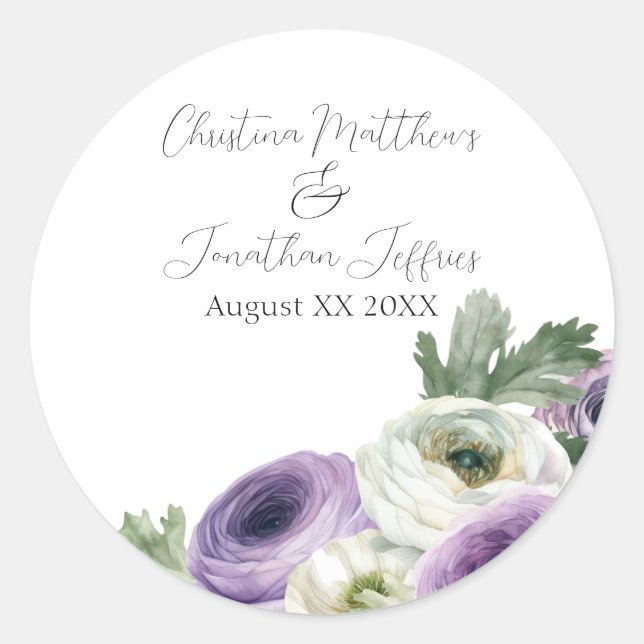Sticker Rond Aquarelle romantique violet et blanc Ranunculus (Devant)