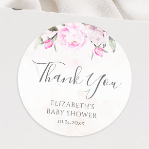 Sticker Rond Aquarelle rose Baby shower Floral Merci