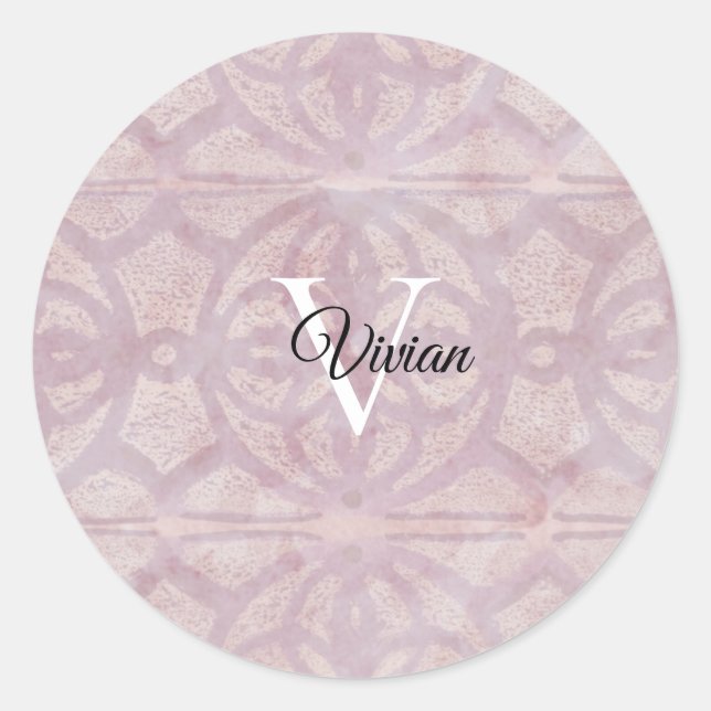 Sticker Rond Aquarelle rose Batik Nom du monogramme (Devant)