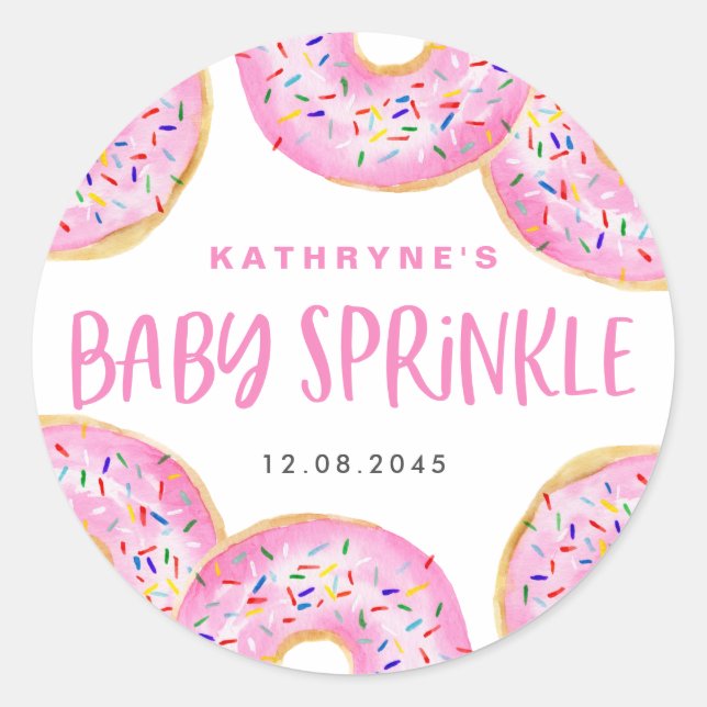 Sticker Rond Aquarelle rose beignets bébé saupoudrer Merci (Devant)