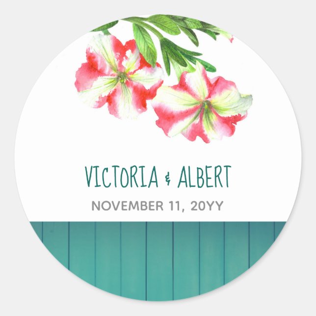 Sticker Rond Aquarelle rose blanc Petunias Mariage d'art floral (Devant)