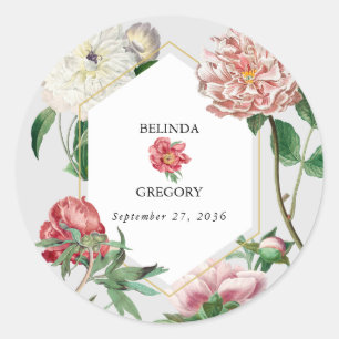 Sticker Rond Aquarelle rose blanc pivoines Mariage