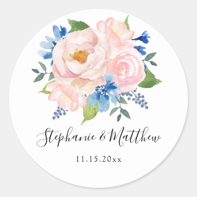 Sticker Rond Aquarelle rose bleu bleu Mariage floral (Devant)