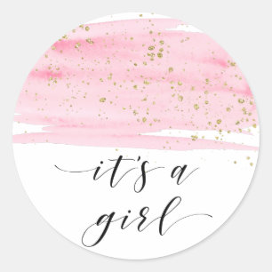 Sticker Rond Aquarelle rose Blush et or Sparkle C'est une fille