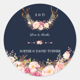 Sticker Rond Aquarelle rose Blush Floral Antlers Mariage