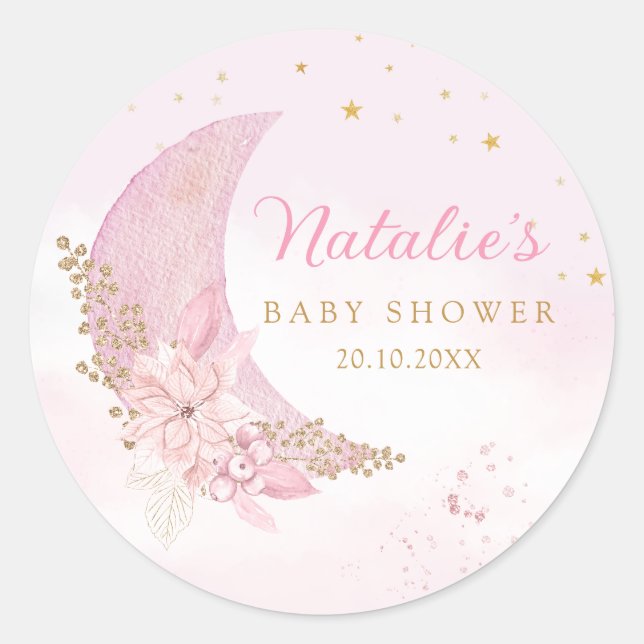 Sticker Rond Aquarelle rose Boho Sur Le Baby shower Lune (Devant)