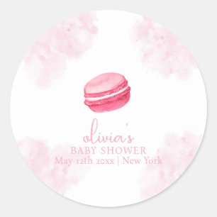 Sticker Rond Aquarelle rose Bonjour Bébé Macaron Baby shower