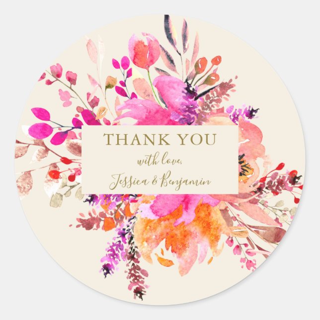 Sticker Rond Aquarelle rose Bouquet Floral Nom du Mariage Perso (Devant)