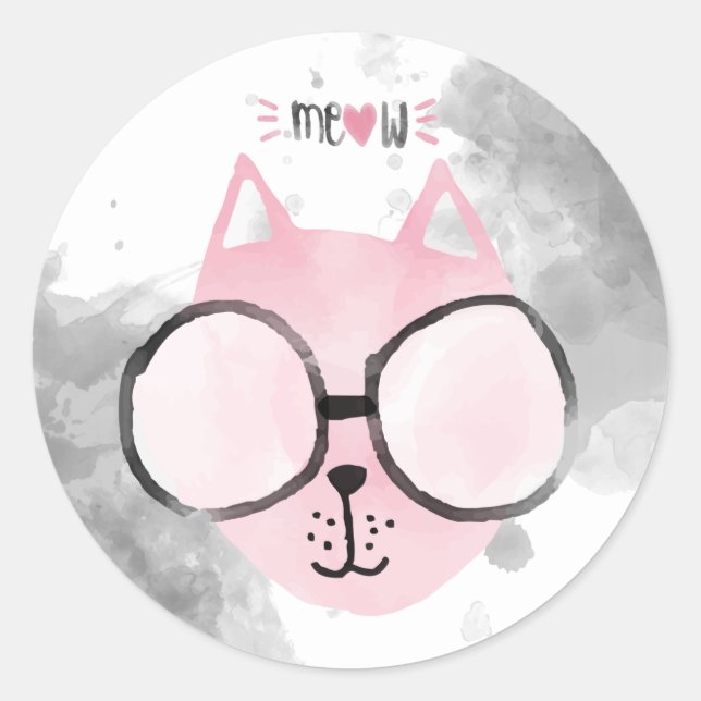 Sticker Rond Aquarelle rose chat cool Meow (Devant)