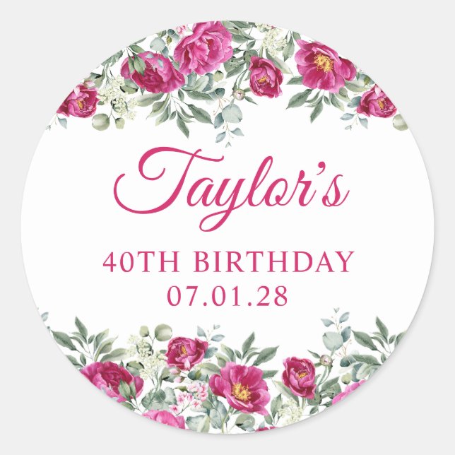 Sticker Rond Aquarelle rose chaude pivoines 40e anniversaire (Devant)
