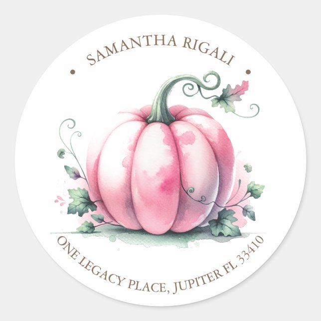 Sticker Rond Aquarelle rose Citrouilles Adresse de retour (Devant)