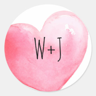Sticker Rond Aquarelle rose Coeur Monogramme Mariage
