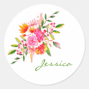 Sticker Rond Aquarelle rose colorée Art Floral Personnalisé