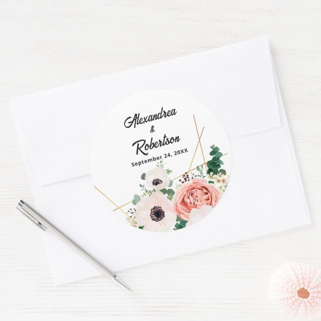 Sticker Rond Aquarelle rose corail Floral Mariage personnalisé (Enveloppe)