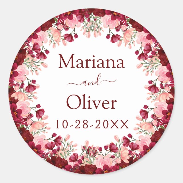 Sticker Rond Aquarelle rose de Bourgogne Mariage (Devant)