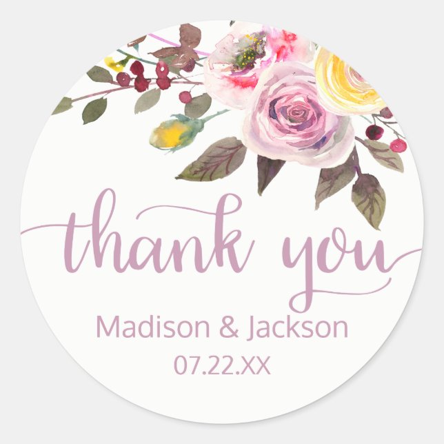 Sticker Rond Aquarelle Rose douce Mariage floral Favoriser (Devant)